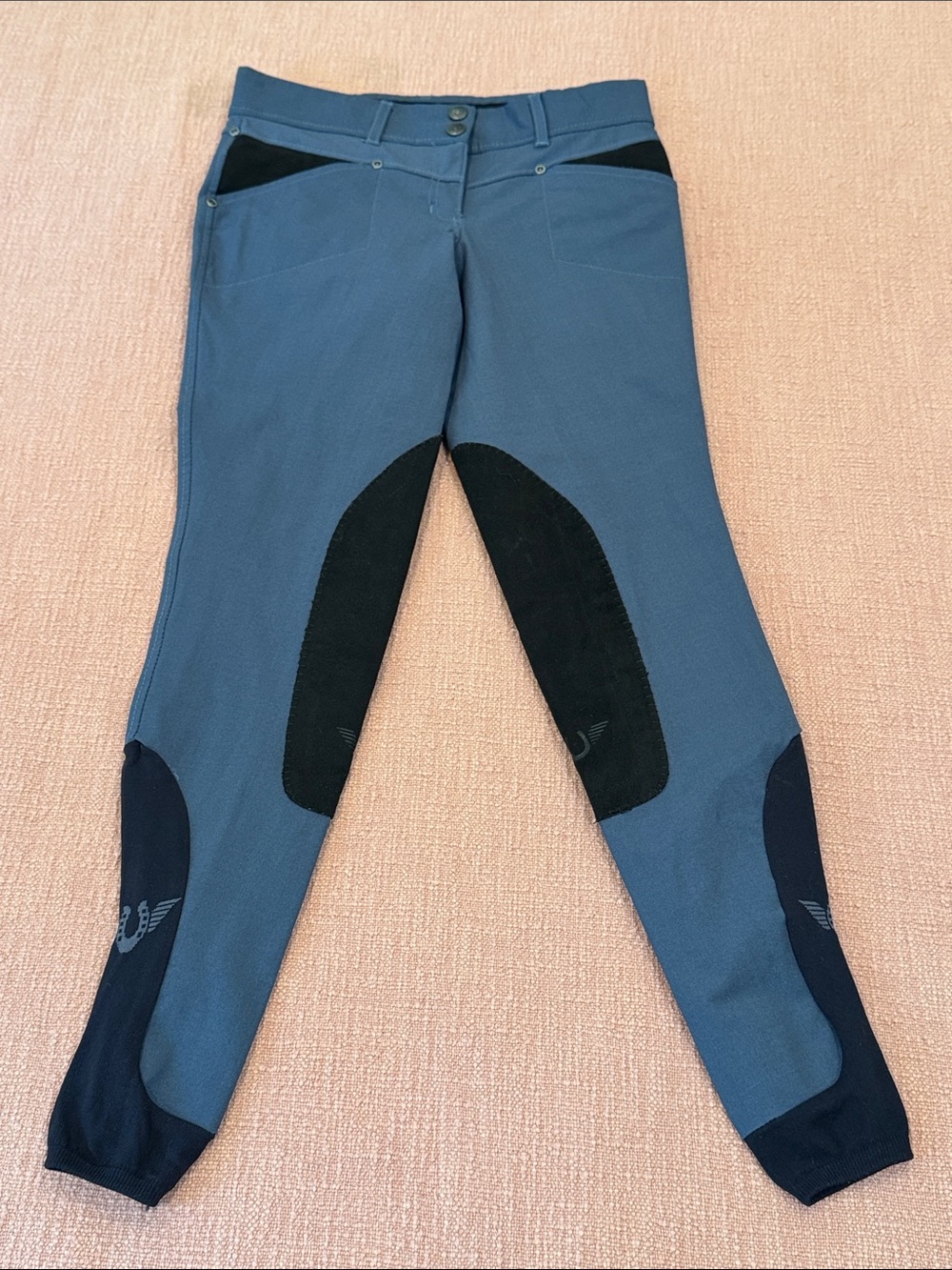 Riding breeches W27L27 Blue Pants with Black microsuede Knee Patches